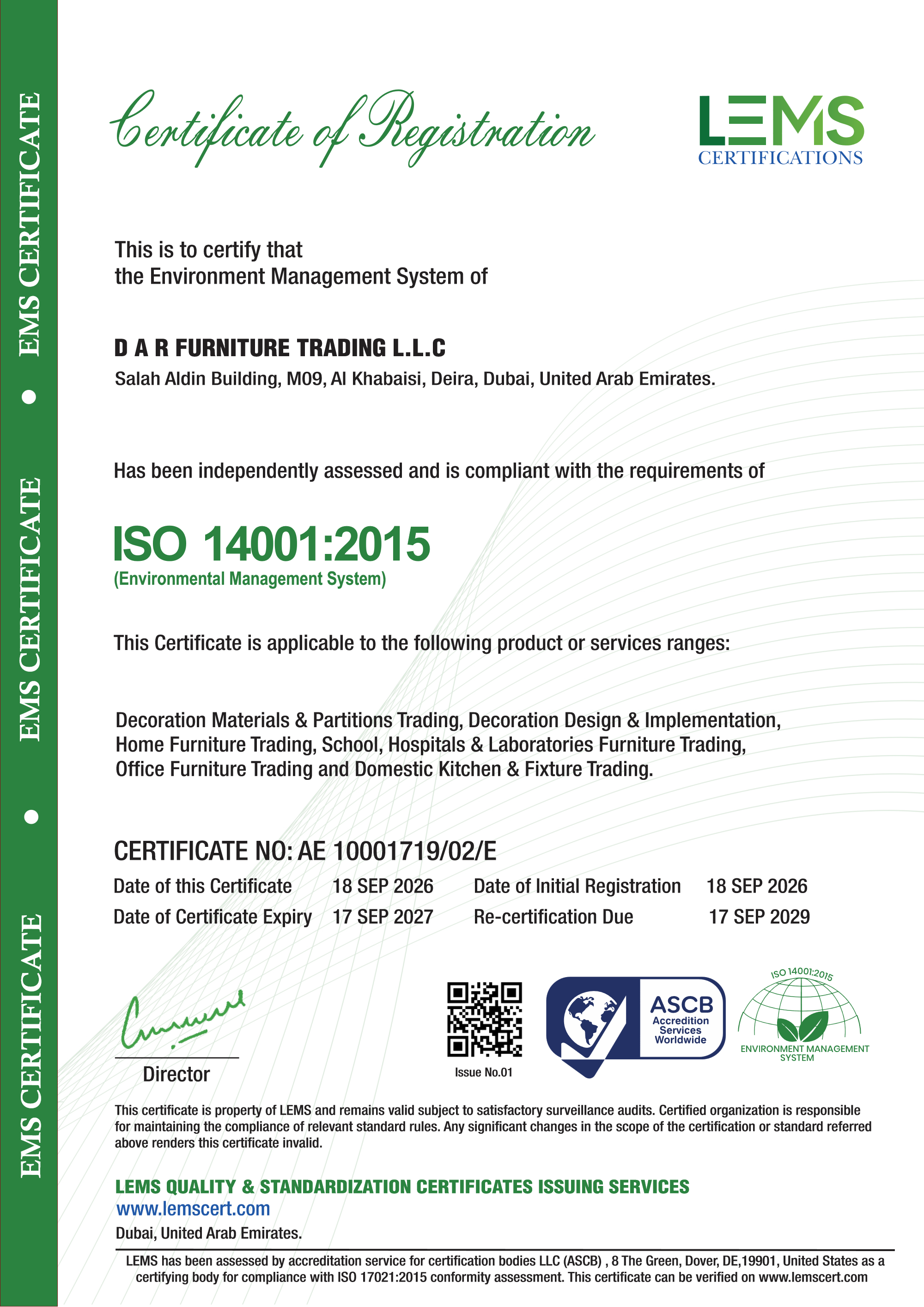 D A R Furniture Trading L.L.C - ISO 14001:2015 Environmental Management System Certificate